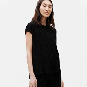 EILEEN Fisher Wide Rib Stretch Crewneck In Black Size LG